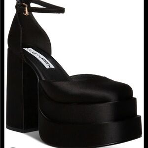 Steve Madden Charlize Black Satin Block Heel Ankle Strap Square Toe Fashion Pump